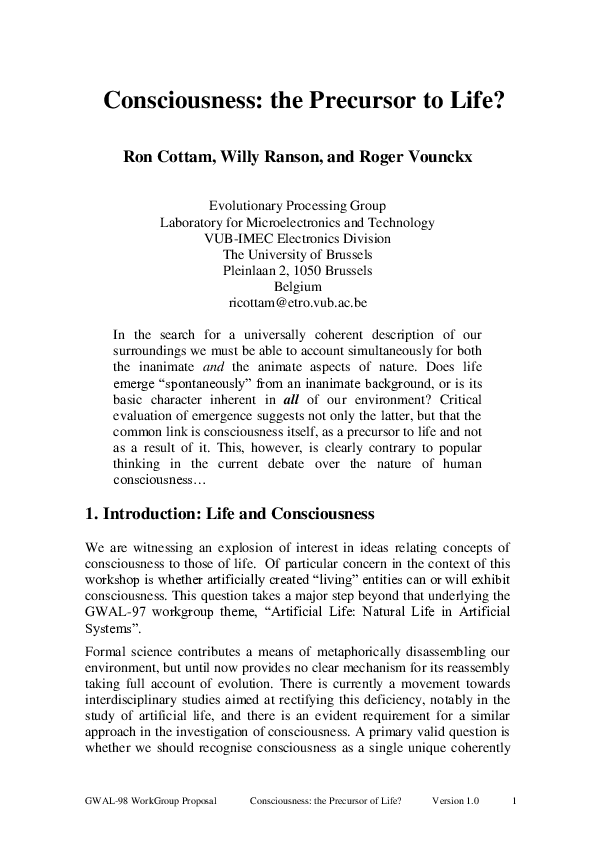 Consciousness: the Precursor to Life