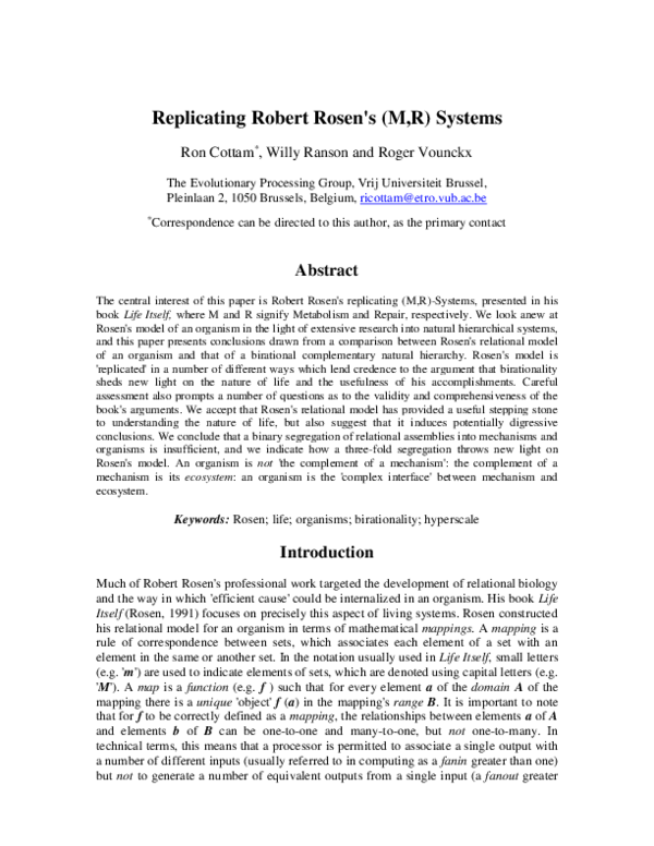 (PDF) Replicating Robert Rosen's (M,R) Systems