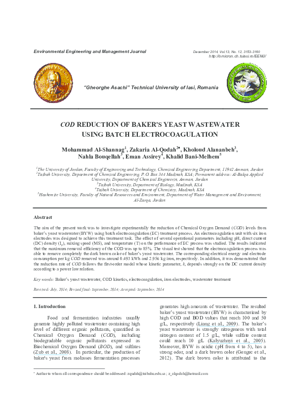 (PDF) COD reduction of baker's yeast wastewater using batch
