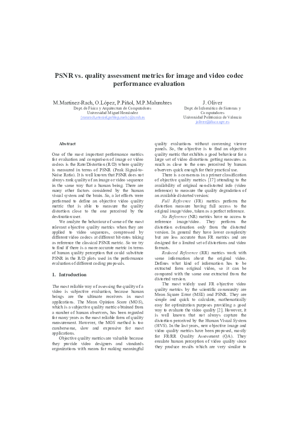 (PDF) PSNR vs. quality assessment metrics for image and video codec ...