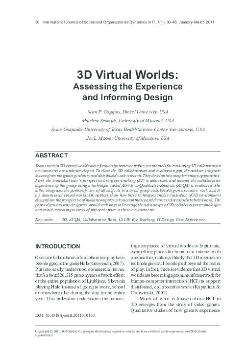 (PDF) 3D Virtual Worlds: Assessing the Experience and Informing Design
