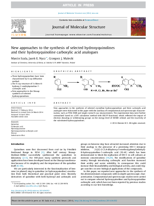 (PDF) New approaches to the synthesis of selected hydroxyquinolines and ...