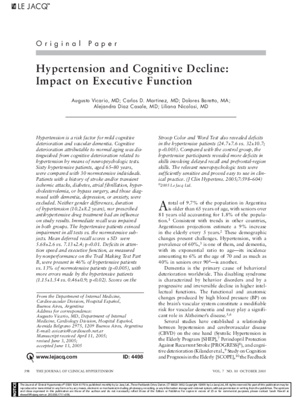 (PDF) Hypertension and Cognitive Decline: Impact on Executive Function