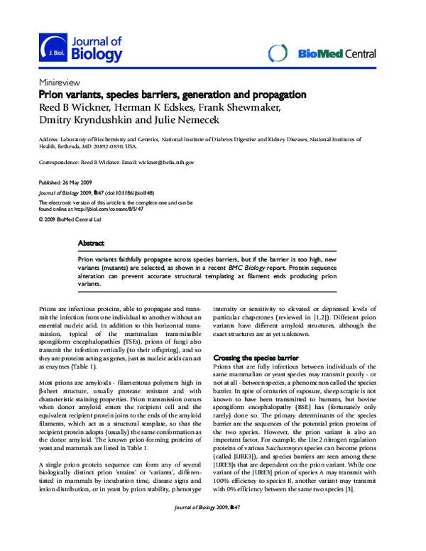 (PDF) Prion variants, species barriers, generation and propagation