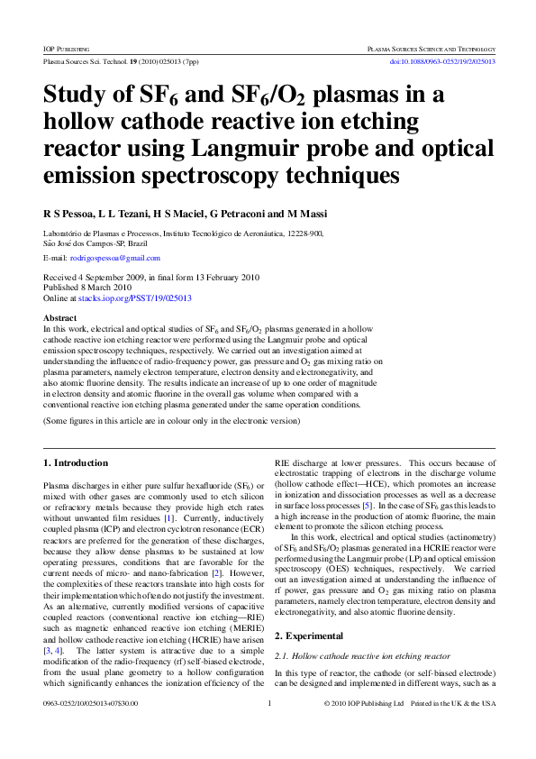 (PDF) Study of SF 6 and SF 6 /O 2 plasmas in a hollow cathode reactive ...