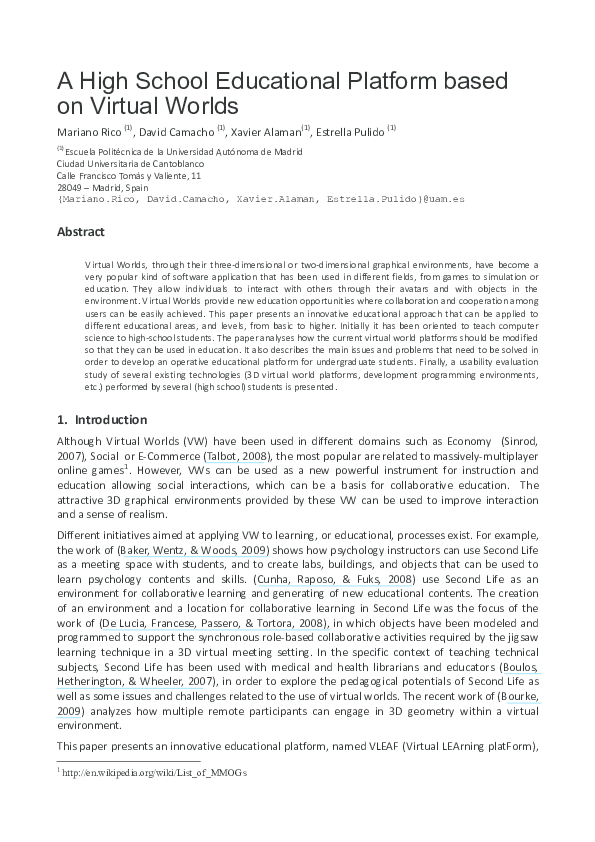(PDF) A High School Educational Platform based on Virtual Worlds
