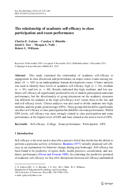 (PDF) The Relationship of Academic Self-Efficacy to Class Participation ...