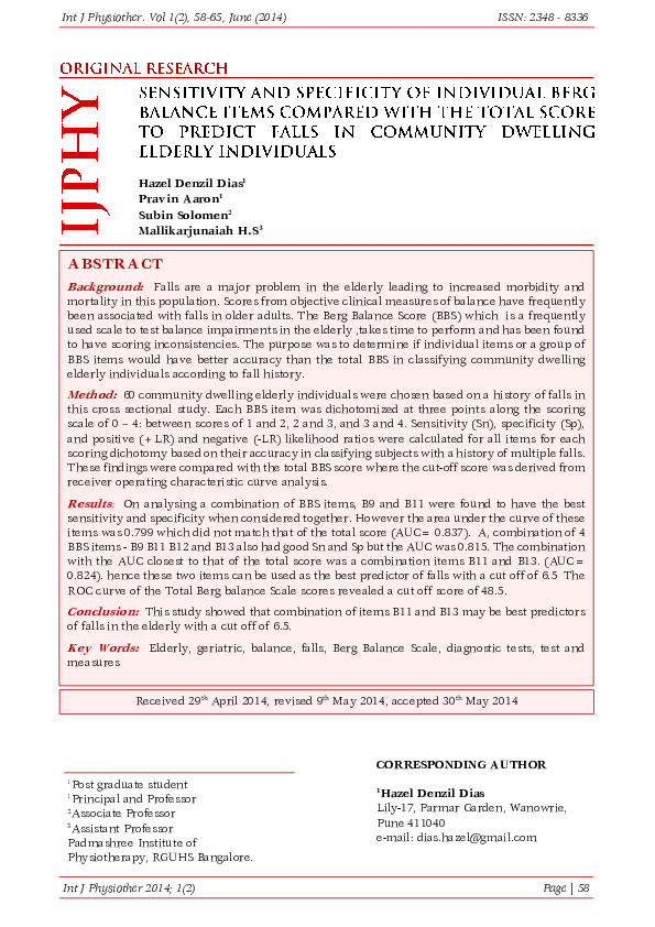 (PDF) Sensitivity and Specificity of Individual Berg Balance Items