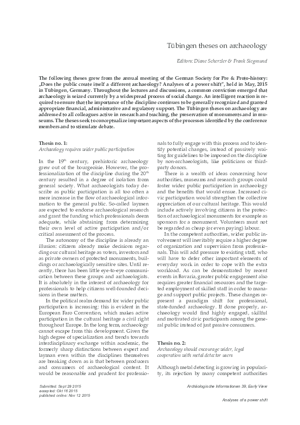 (PDF) Tübingen theses on archaeology / Les thèses de Tübingen sur l