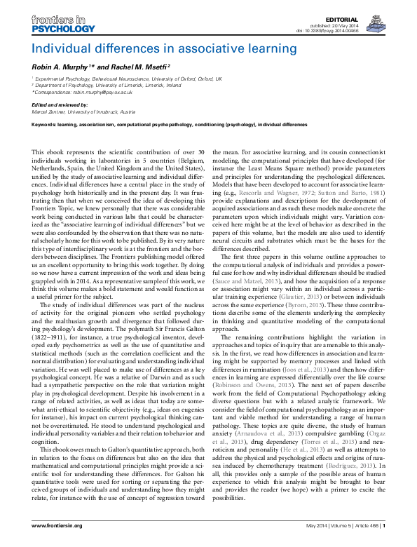 Learning And Individual Differences Journal (PDF) Associative Learning and Individual Differences