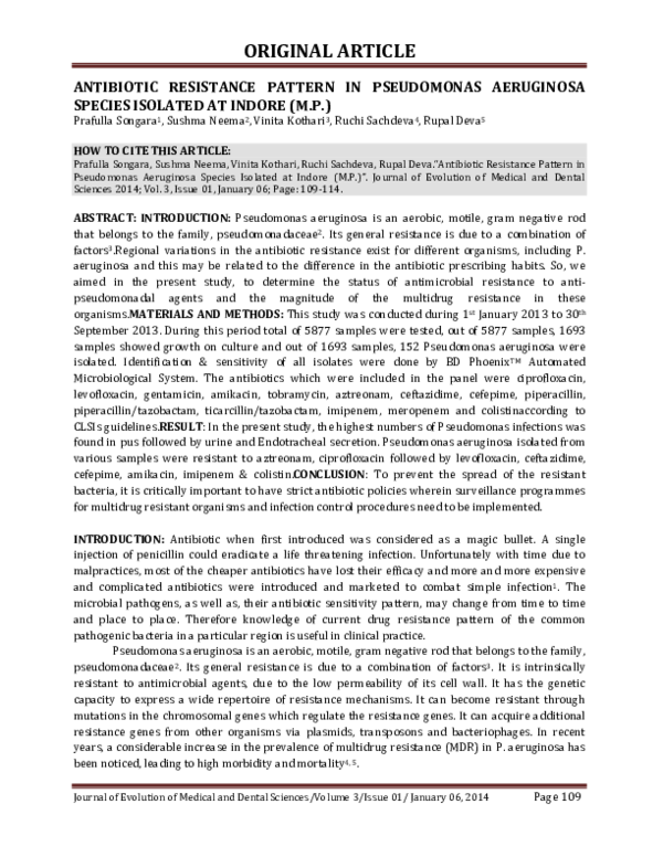 (PDF) Antibiotic Resistance Pattern in Pseudomonas Aeruginosa Species ...