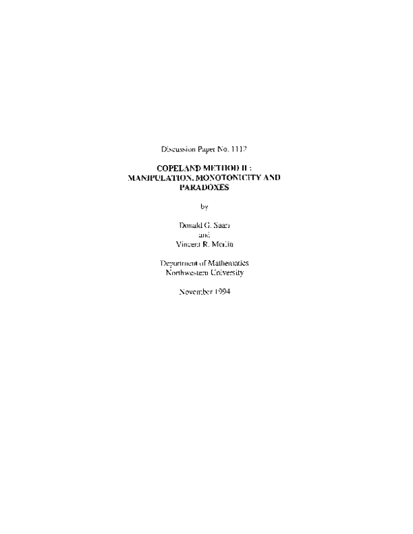 (PDF) Copeland Method II: Manipulation, Monotonicity, and Paradoxes
