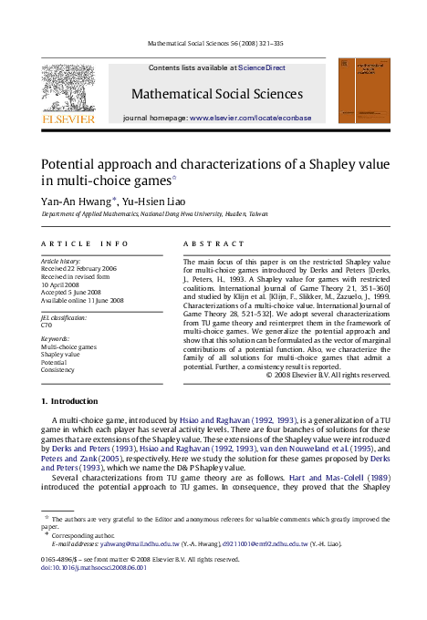 (PDF) Potential approach and characterizations of a Shapley value in ...