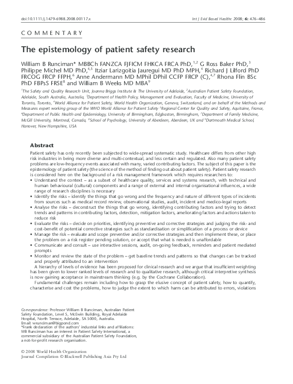 (PDF) The epistemology of patient safety research Anne Andermann