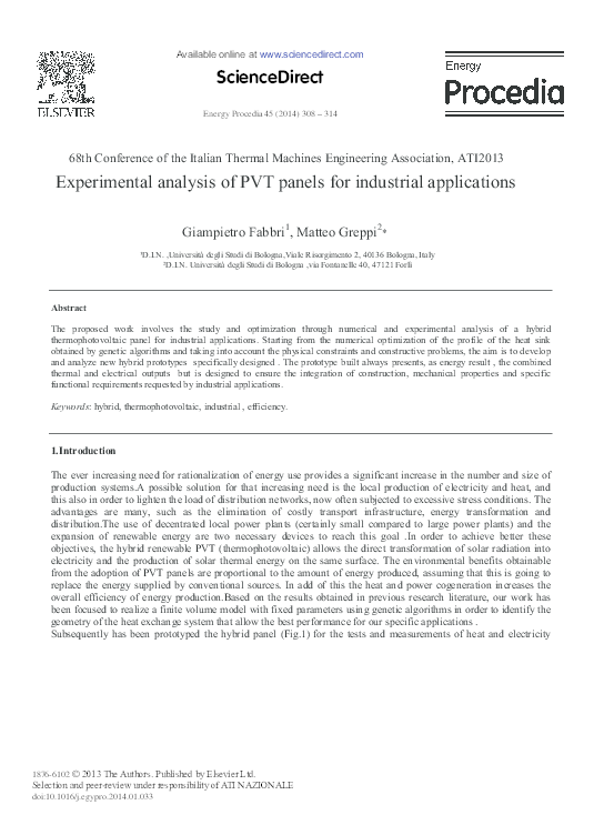 (PDF) Experimental Analysis of PVT Panels for Industrial Applications