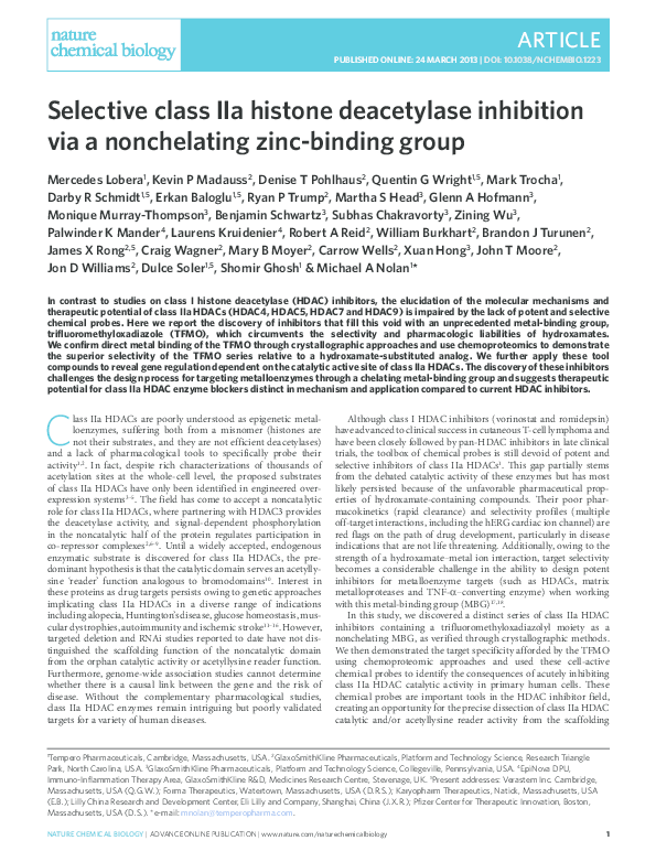 (PDF) Selective class IIa histone deacetylase inhibition via a ...