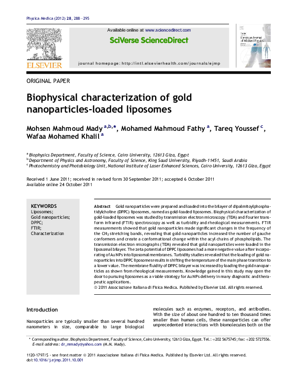 (PDF) Biophysical characterization of gold nanoparticles-loaded liposomes