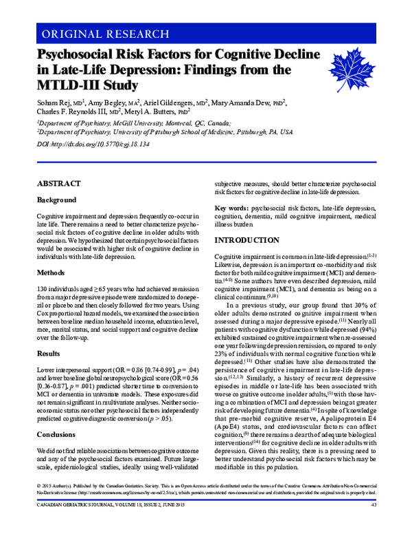 (PDF) Psychosocial Risk Factors for Cognitive Decline in Late-Life ...