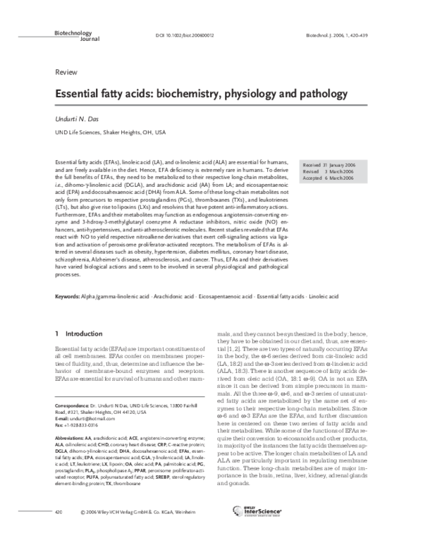 (PDF) Essential fatty acids biochemistry, physiology and pathology
