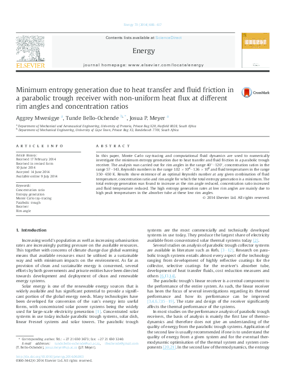 (PDF) Minimum entropy generation due to heat transfer and fluid ...