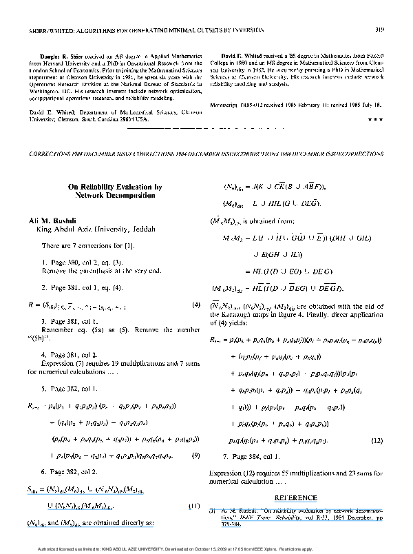 (PDF) On reliability evaluation by network decomposition