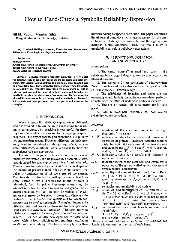 (PDF) How to hand-check a symbolic reliability expression