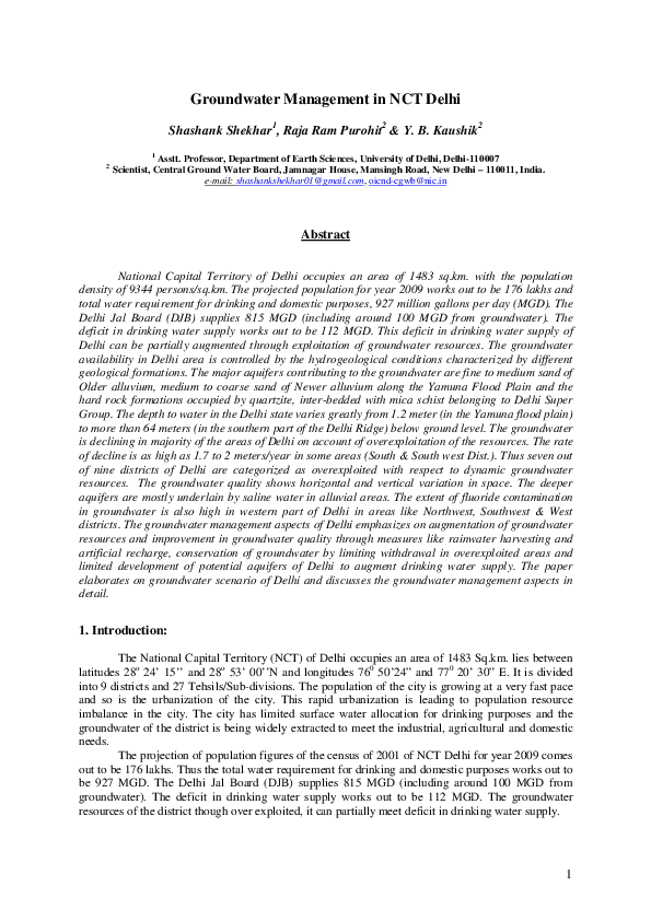 (PDF) Groundwater Management in NCT Delhi shashank shekhar Academia.edu