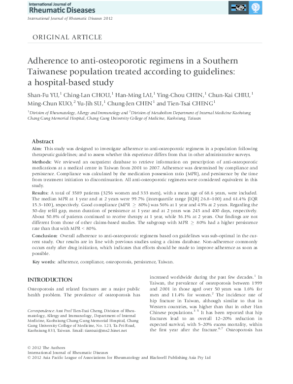 (PDF) Adherence to anti-osteoporotic regimens in a Southern Taiwanese ...
