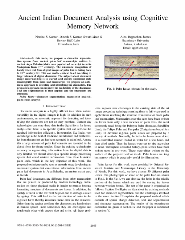 (PDF) Ancient indian document analysis using cognitive memory network