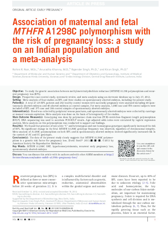 (PDF) Association of maternal and fetal MTHFR A1298C polymorphism with ...