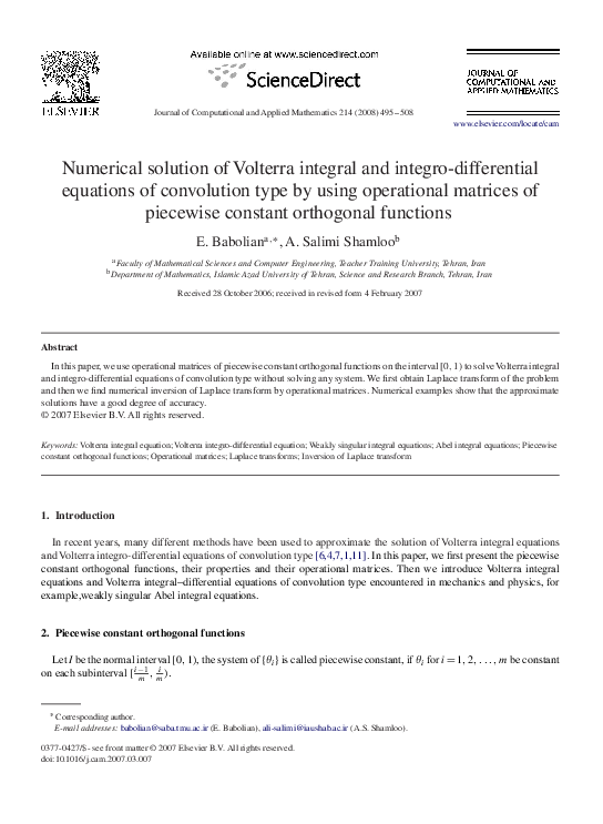(PDF) Numerical solution of Volterra integral and integro-differential ...