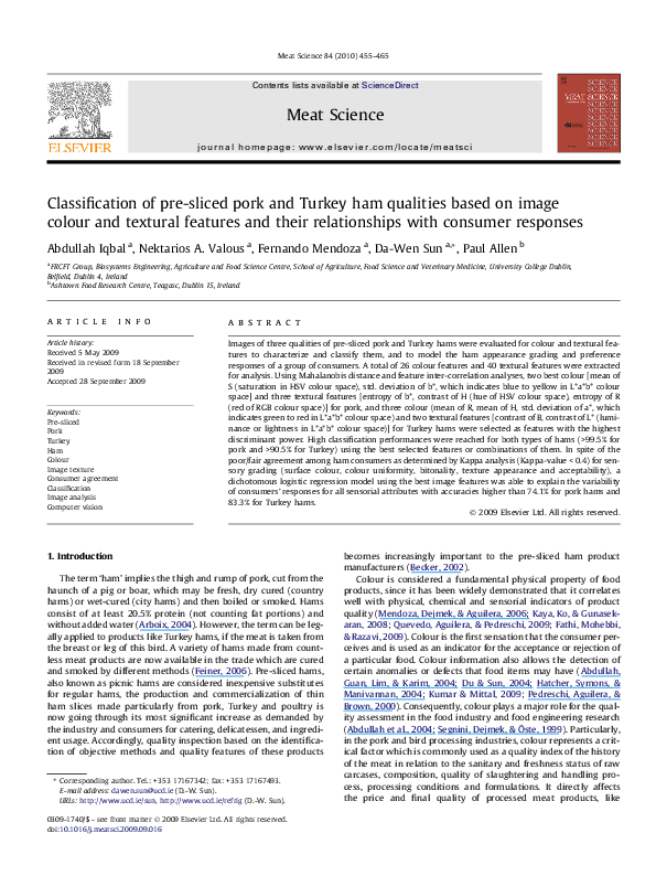 (PDF) Classification of pre-sliced pork and Turkey ham qualities based ...