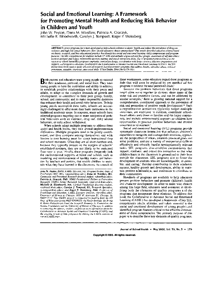 (PDF) Social and emotional learning: A framework for promoting mental ...