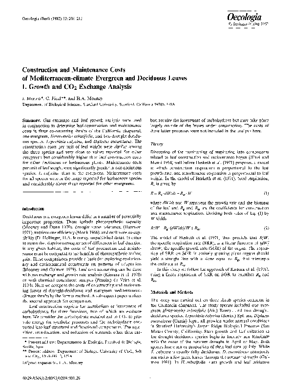 (PDF) Construction and maintenance costs of mediterraneanclimate evergreen and deciduous leaves