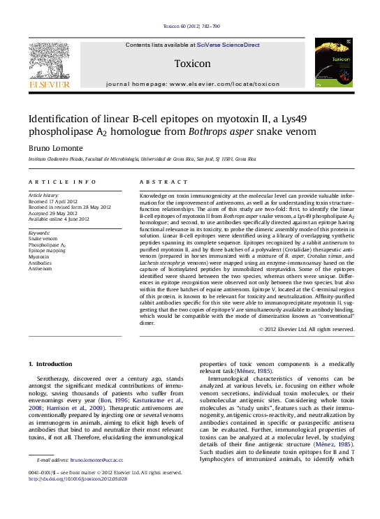 (PDF) Identification of linear B-cell epitopes on myotoxin II, a Lys49 ...