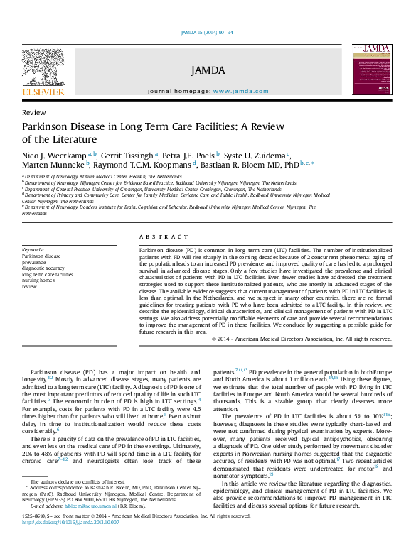 (PDF) Parkinson Disease in Long Term Care Facilities A Review of the