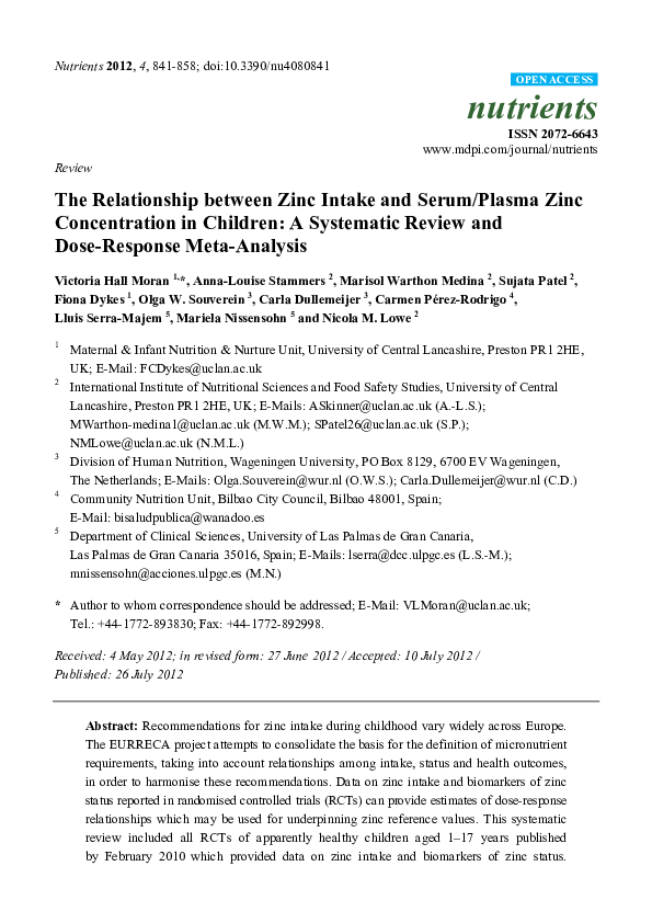 (PDF) The relationship between zinc intake and serum/plasma zinc concentration in adults a