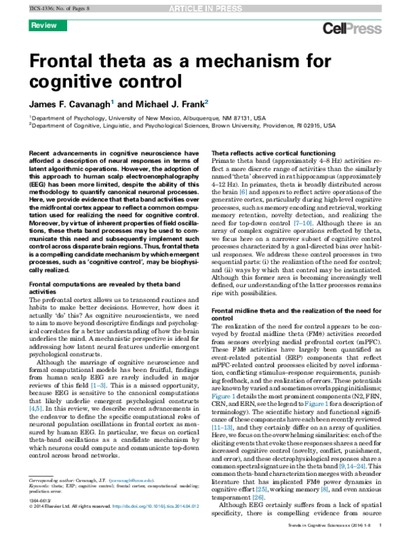 (PDF) Frontal theta as a mechanism for cognitive control
