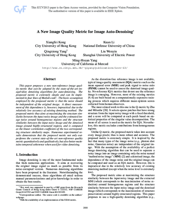 (PDF) A New Image Quality Metric for Image Auto-denoising