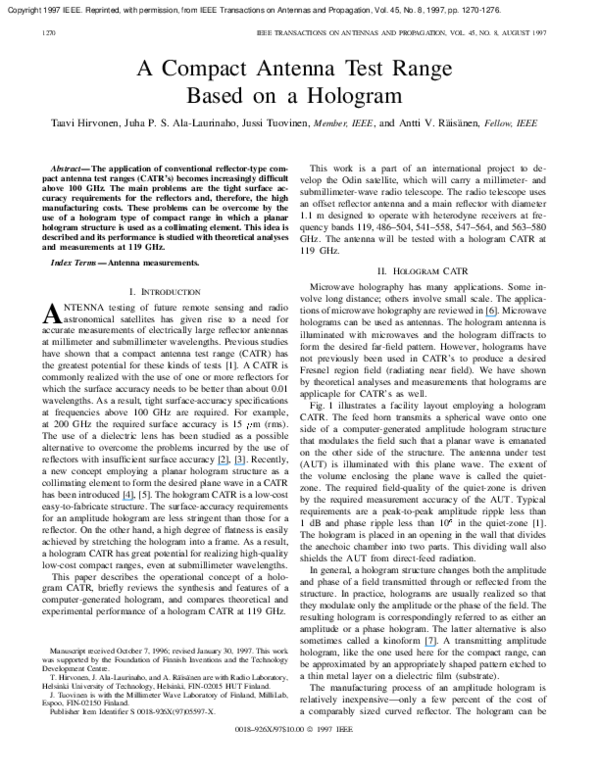 (PDF) A compact antenna test range based on a hologram Jussi Tuovinen