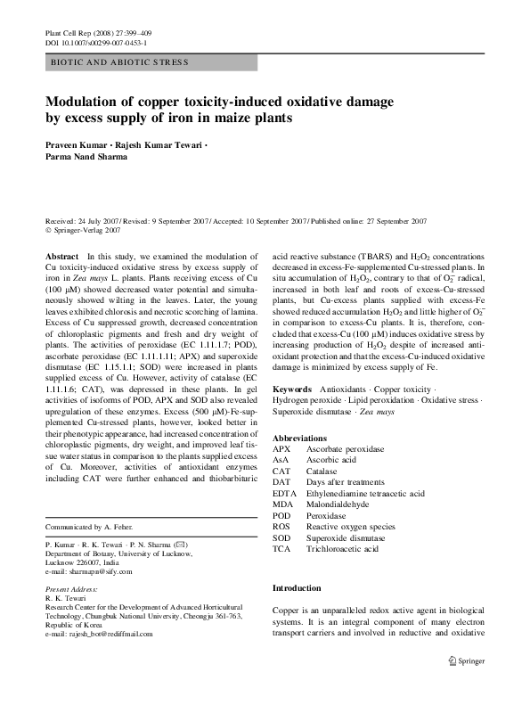 (PDF) Modulation of copper toxicityinduced oxidative damage by excess