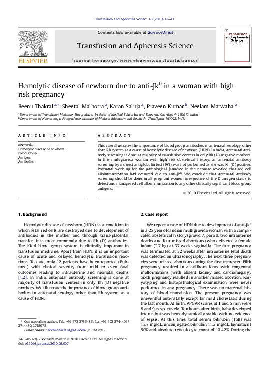 (PDF) Hemolytic disease of newborn due to antiJkb in a woman with high risk pregnancy Praveen