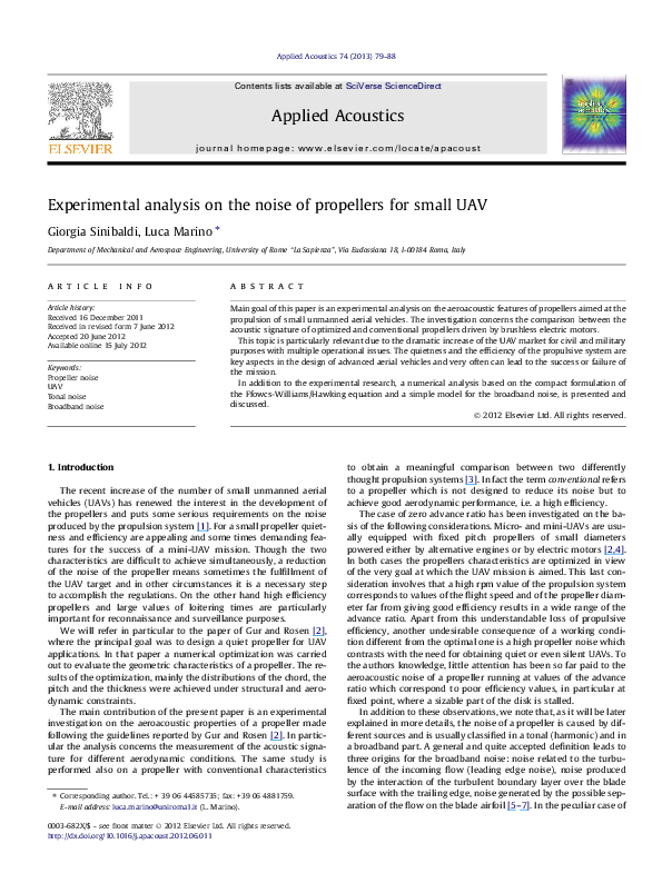 (PDF) Experimental analysis on the noise of propellers for small UAV