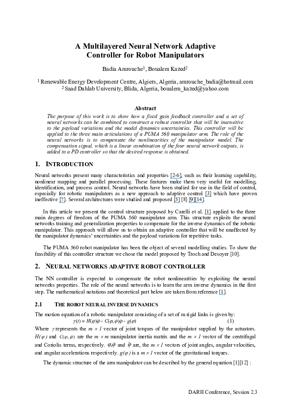 (PDF) A Multilayered Neural Network Adaptive Controller for Robot ...