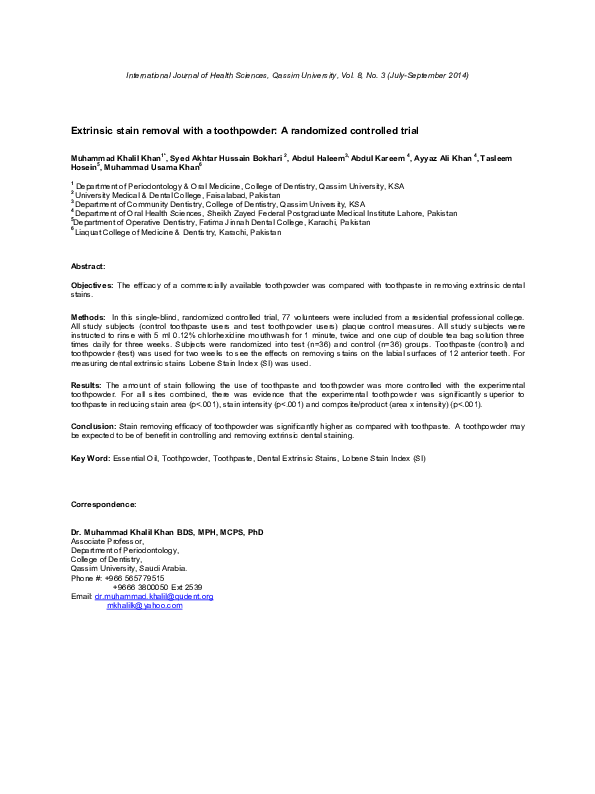 (PDF) Extrinsic stain removal with a toothpowder A randomized