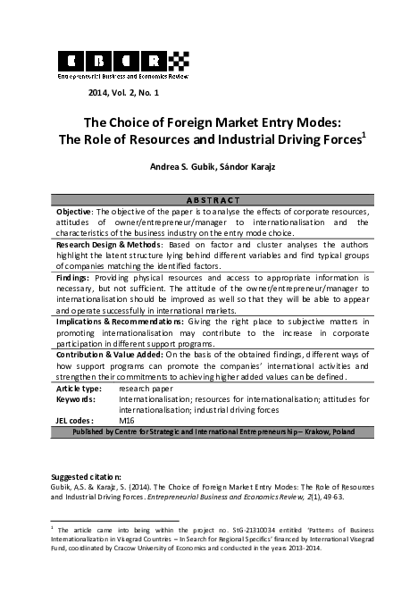 (PDF) The Choice of Foreign Market Entry Modes: The Role of Resources ...
