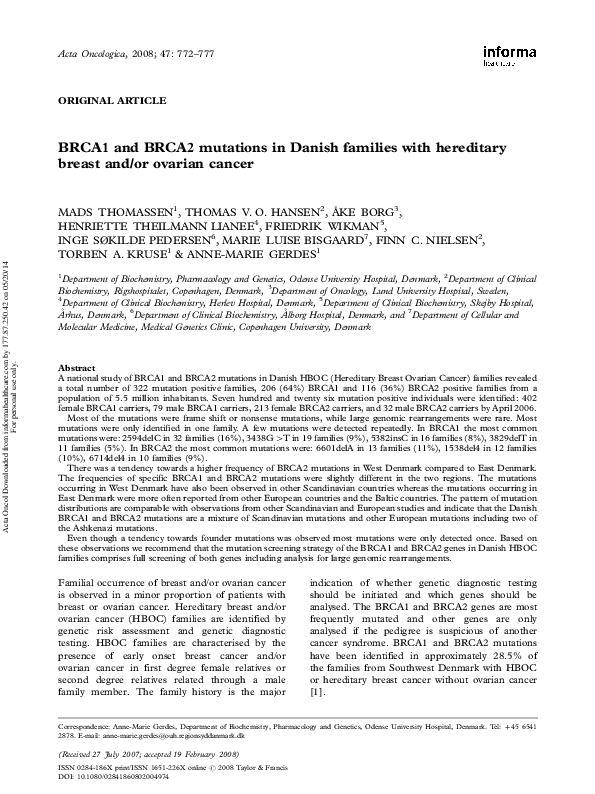 (PDF) BRCA1 and BRCA2 mutations in Danish families with hereditary ...