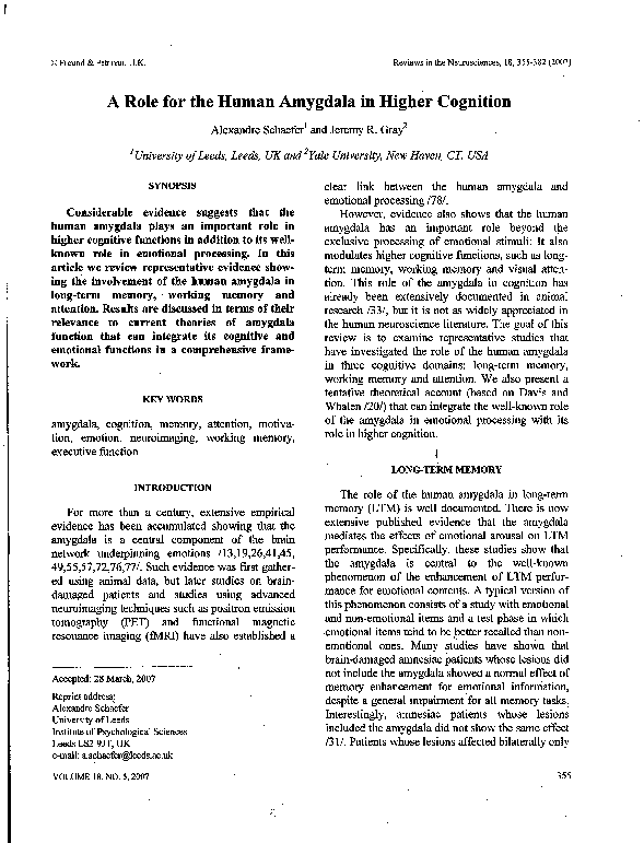 (PDF) A role for the human amygdala in higher cognition