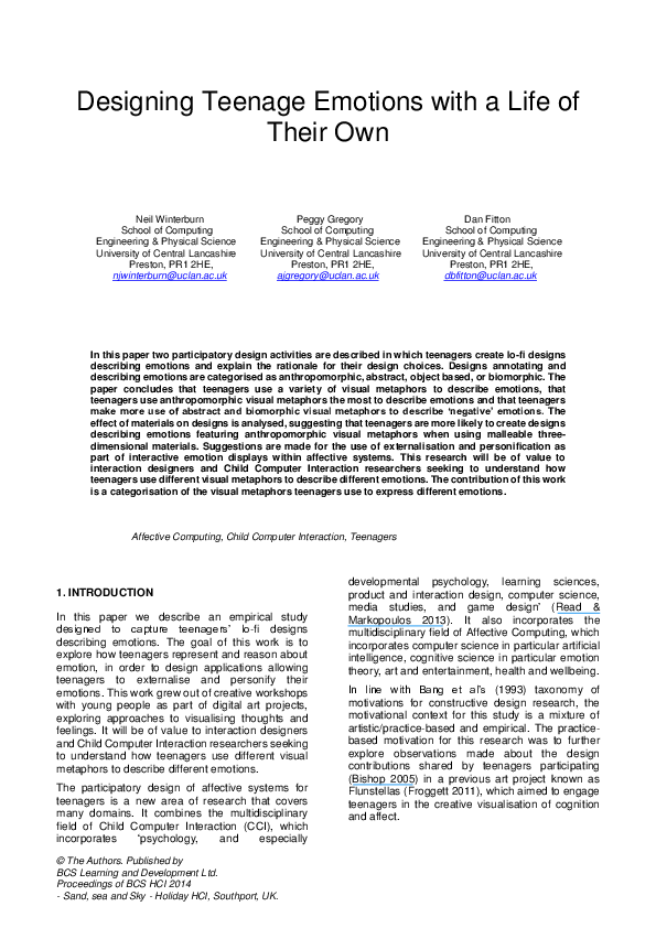Pdf Designing Teenage Emotions With A Life Of Their Own Dan Fitton Academia Edu
