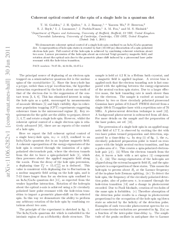 (PDF) Coherent Optical Control of the Spin of a Single Hole in an InAs ...